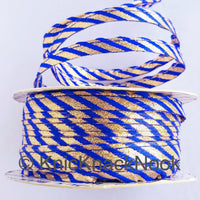 Thumbnail for Gold Fabric Cord Trim With Blue / Fuchsia Pink / Green Thread Embroidery, Stripes Pattern, Lehariya, One Yard Lace Trim 10mm WideTrim