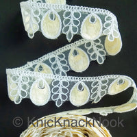 Thumbnail for White Tissue Fabric Cutwork Embroidered Lace Trim With White and Off White Embroidery, Approx. 40mm Wide, One yard Lace