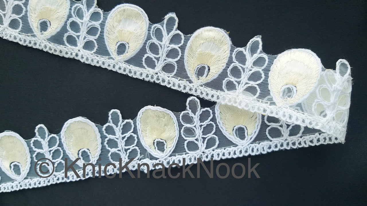 White Tissue Fabric Cutwork Embroidered Lace Trim With White and Off White Embroidery, Approx. 40mm Wide, One yard Lace
