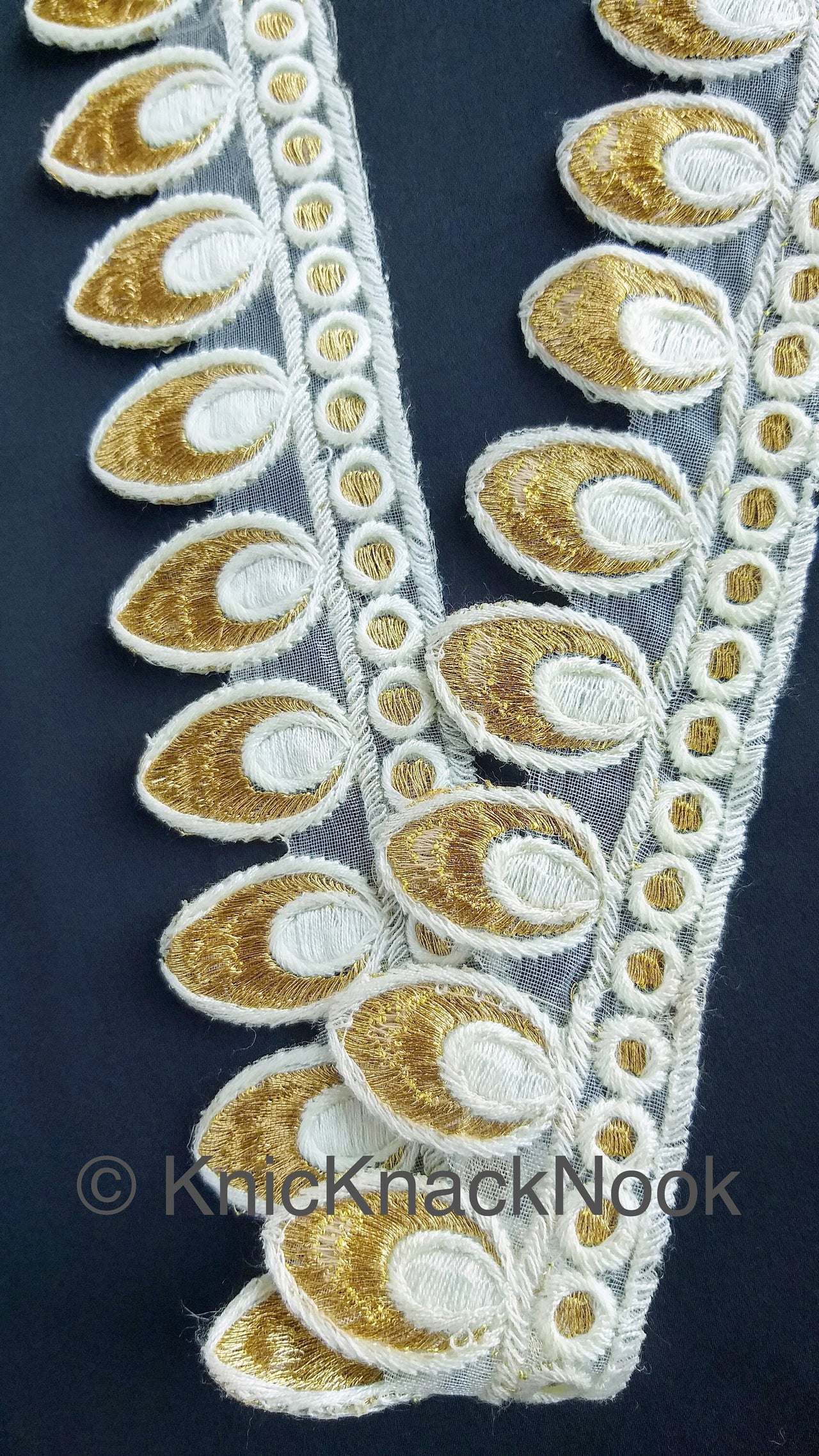 Off White Tissue Fabric Cutwork Embroidered Lace Trim With Off White / Brown and Gold Embroidery, Approx. 45mm Wide, One yard Lace