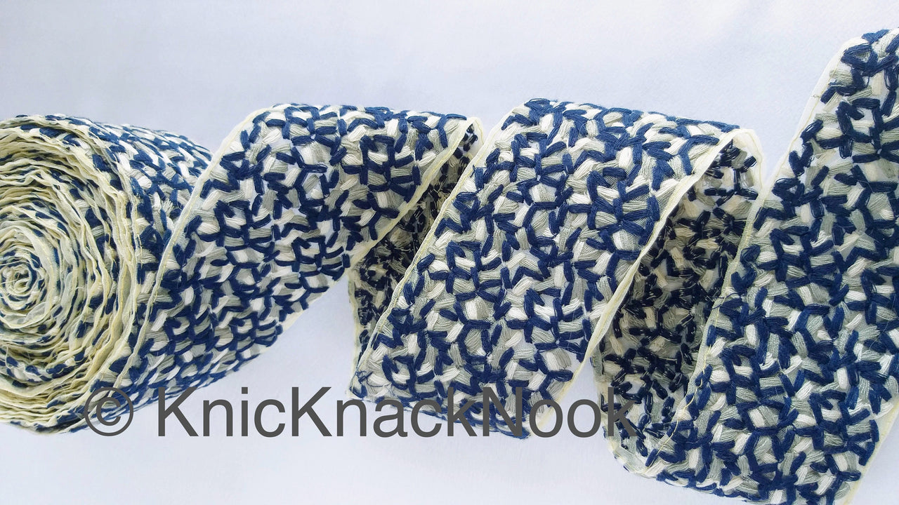 Beige Sheer Tissue Fabric Trim With Cotton Thread Embroidery In Blue, Grey And Off White, Fabric Lace