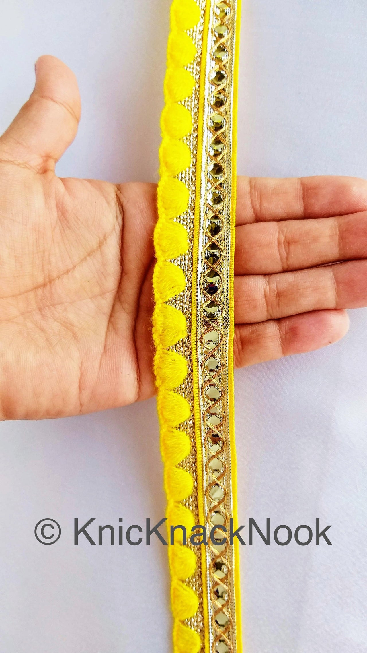 Wholesale Gold Zari Trim, Embroidered Trim In Yellow / Green / Royal Blue / Lemon Yellow / Black / Blue / Pink,  Approx. 24mm wide