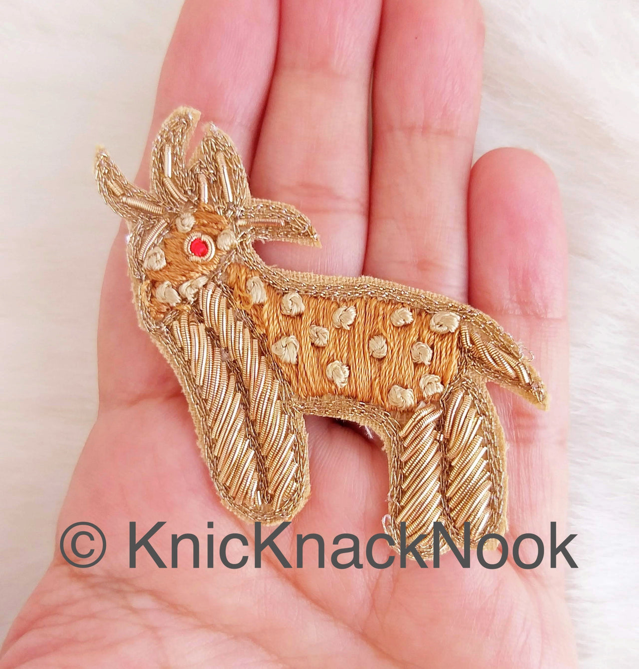 Hand Embroidered Deer Applique In Gold, Beige And Red Zardozi Threadwork, Animal Motif