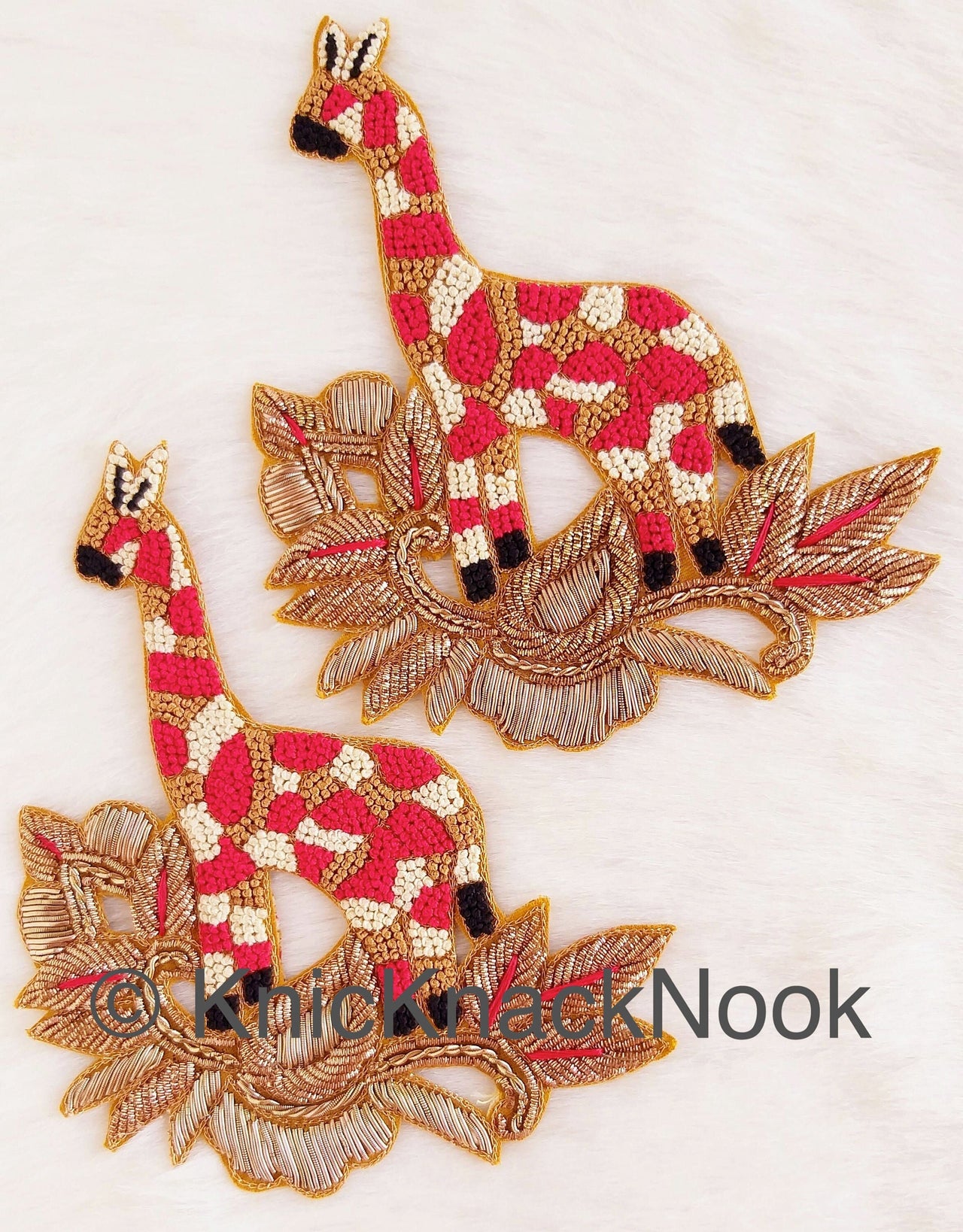 Hand Embroidered Giraffe Applique In Gold, Beige, Red And Black Zardozi Threadwork