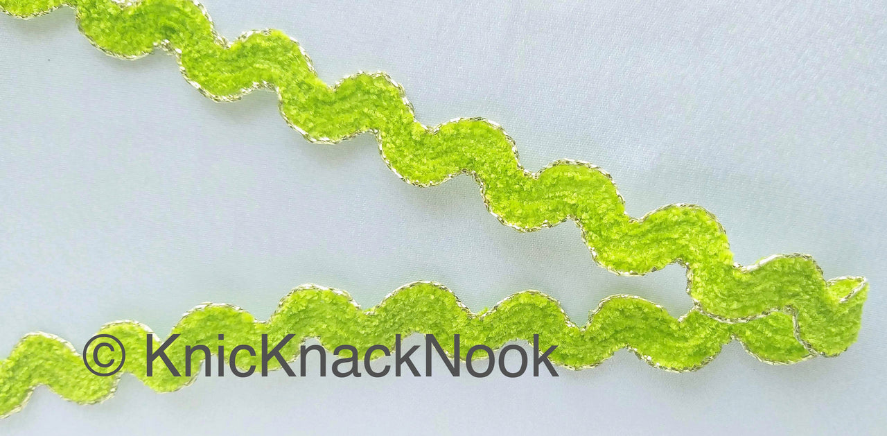 Lime Green / Beige / Pink / Black / Green / Magenta / Blue / Red Faux Velvet Trim With Gold Border Piping, Approx. 15mm, One Yard Trim