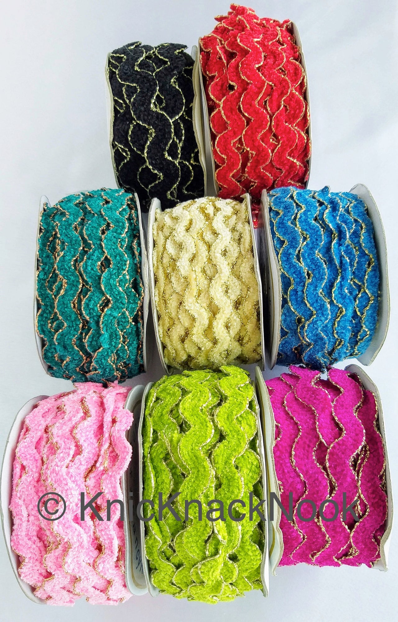 Wholesale Lime Green / Beige / Pink / Black / Green / Magenta / Blue / Red Faux Velvet Trim With Gold Border Piping, Approx. 15mm, 9 Yards