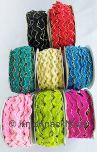 Thumbnail for Lime Green / Beige / Pink / Black / Green / Magenta / Blue / Red Faux Velvet Trim With Gold Border Piping, Approx. 15mm, One Yard Trim