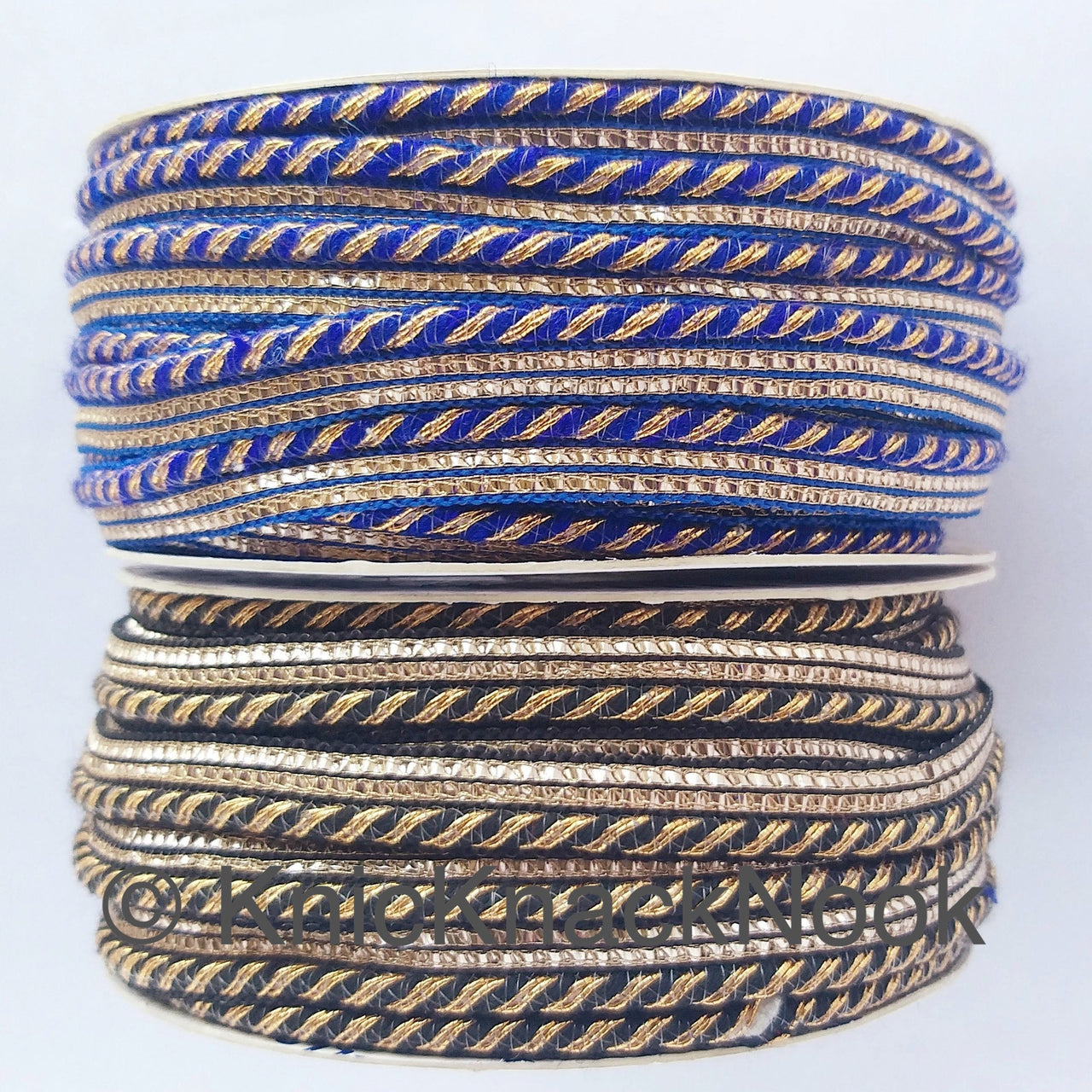 Wholesale Royal Blue / Black And Gold Stripes Piping Cord trim With Glitter Gold Piping, Approx. 10 mm wide, 9 Yards Trim