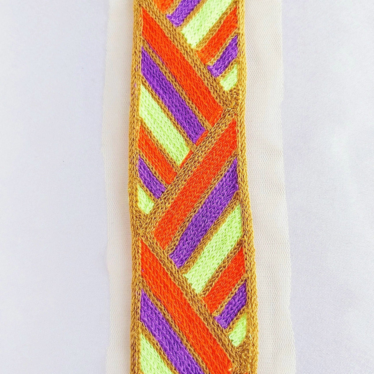 Beige Net Lace in Orange Embroidery, Geometric Pattern Trim, Indian Embroidered Trim Craft Ribbon Decorative Trim Costume Trim Trim By Yard