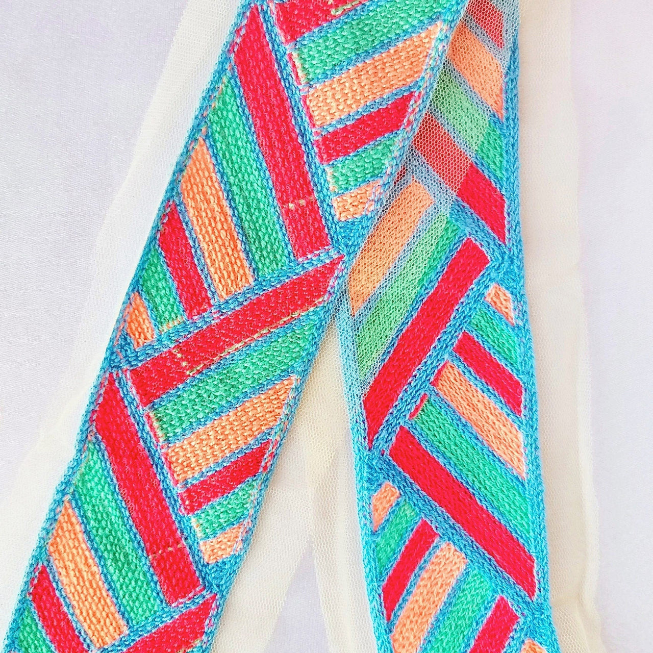 Beige Net With Blue, Red, Cyan And Coral Pink Embroidery
