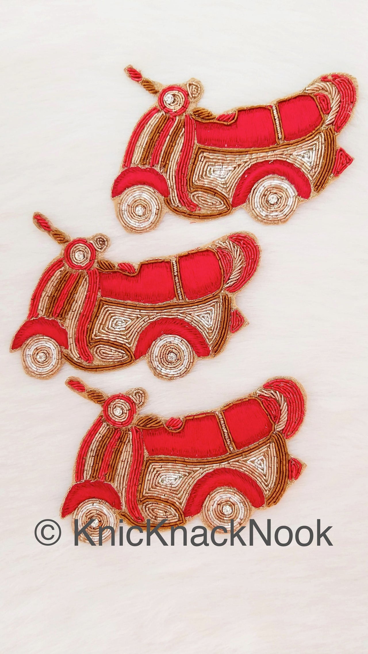Hand Embroidered Motor Scooter Applique In Red, Gold And Silver Zardozi Threadwork, Motorcycle Motif