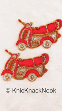 Thumbnail for Hand Embroidered Motor Scooter Applique In Red, Gold And Silver Zardozi Threadwork, Motorcycle Motif