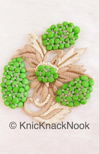 Thumbnail for Green, Beige And Off White Embroidered Flower Applique Patch With Diamante Crytals And Gold Matt Beads, 3D Floral Applique