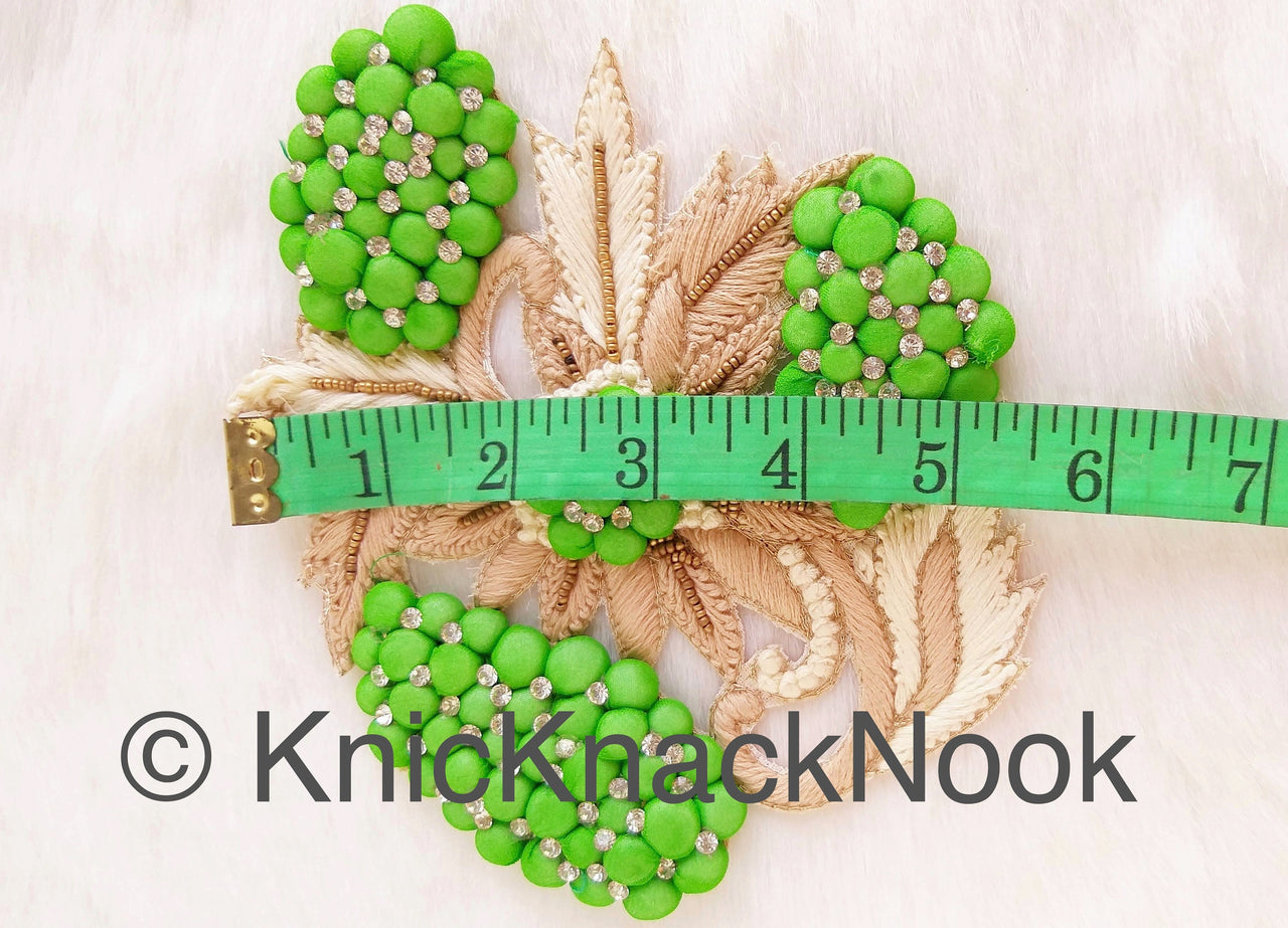 Green, Beige And Off White Embroidered Flower Applique Patch With Diamante Crytals And Gold Matt Beads, 3D Floral Applique