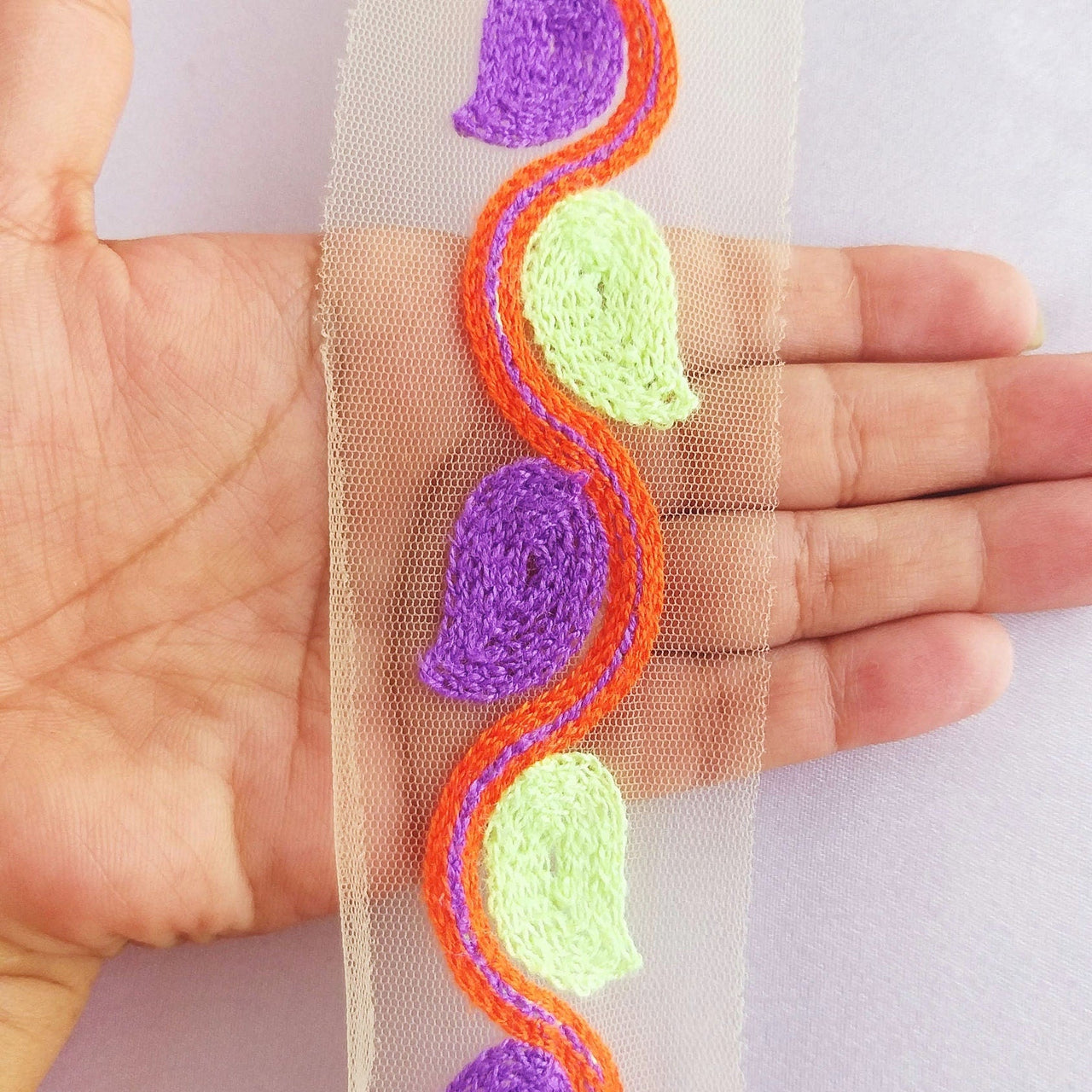 Beige Net With Green, Purple And Orange Embroidery, Leaves Pattern Trim