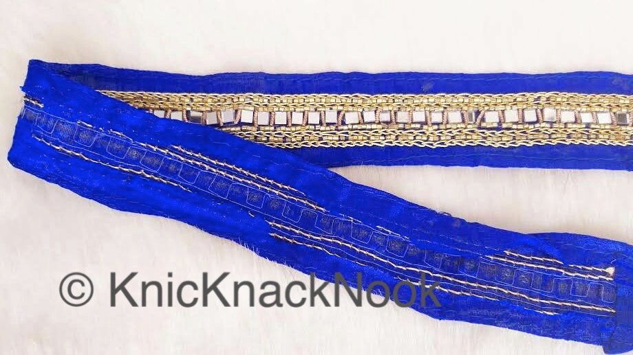 Royal Blue Fabric Trim With Mirrors Embellishments, Gold Beads and Gold Embroidery, Approx. 40mm Wide