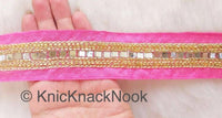 Thumbnail for Pink Fabric Trim With Mirrors Embellishments, Gold Beads and Gold Embroidery, Approx. 40mm Wide