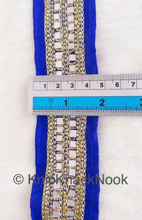Thumbnail for Royal Blue Fabric Trim With Mirrors Embellishments, Gold Beads and Gold Embroidery, Approx. 45mm Wide Decorative Craft Trims