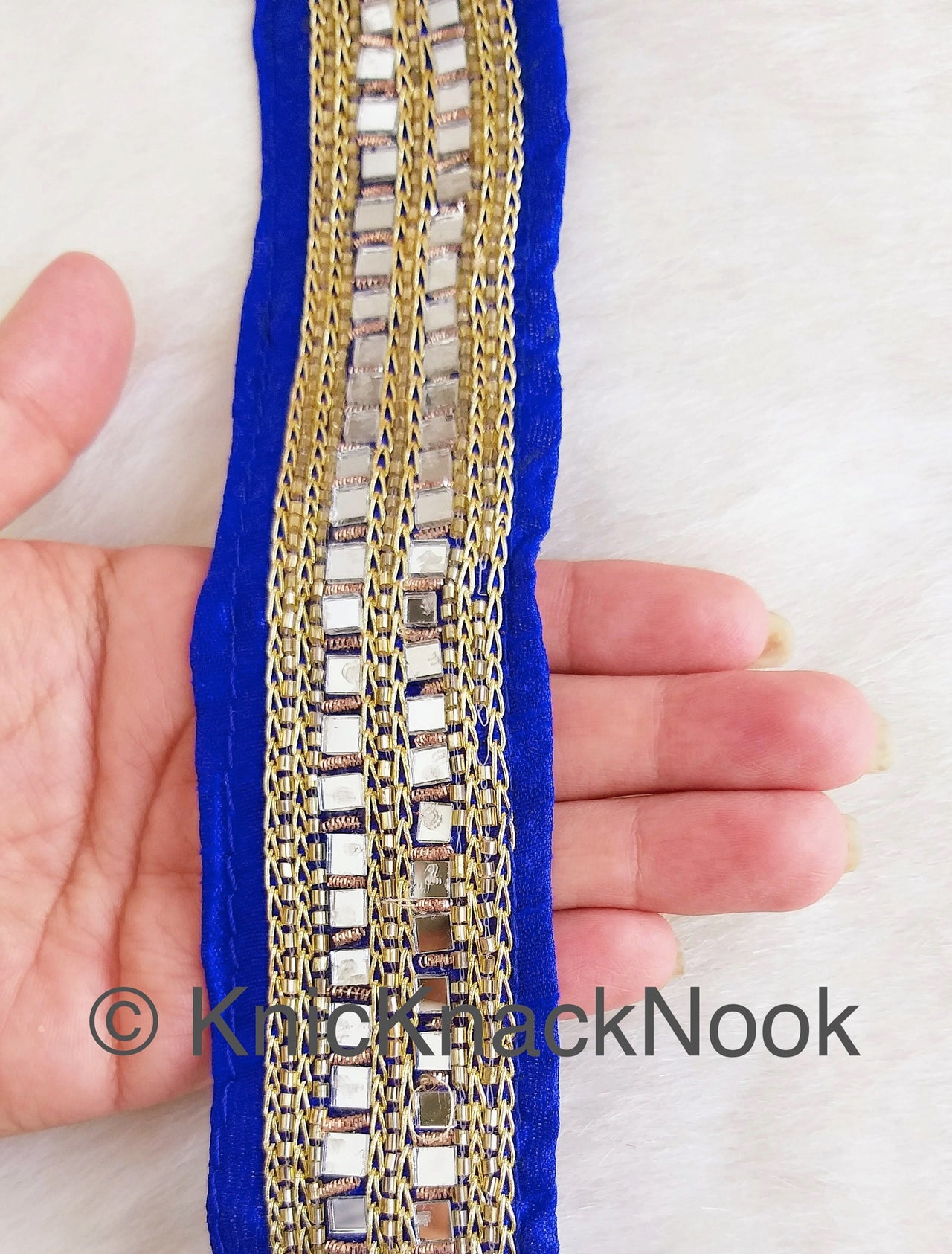 Royal Blue Fabric Trim With Mirrors Embellishments, Gold Beads and Gold Embroidery, Approx. 45mm Wide Decorative Craft Trims