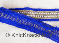 Thumbnail for Royal Blue Fabric Trim With Mirrors Embellishments, Gold Beads and Gold Embroidery, Approx. 45mm Wide Decorative Craft Trims