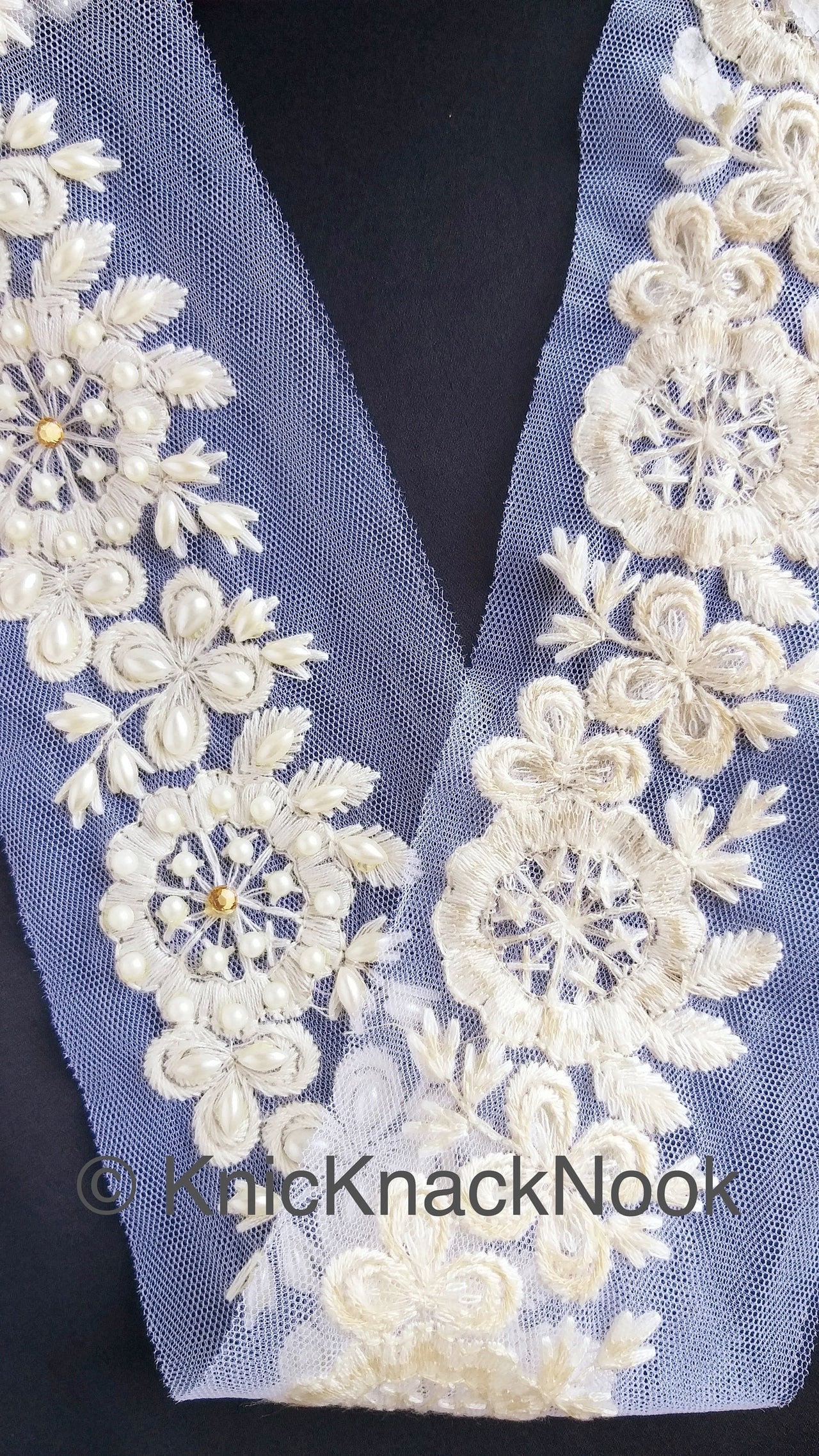 White Pearl And Rhinestones Beads Net Lace Trim, Floral Trim, One Yard