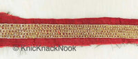 Thumbnail for Black / Red Art Silk Fabric Trim With Gold Bugle Beads Embellishments And Gold Embroidery, Beaded Trim, 