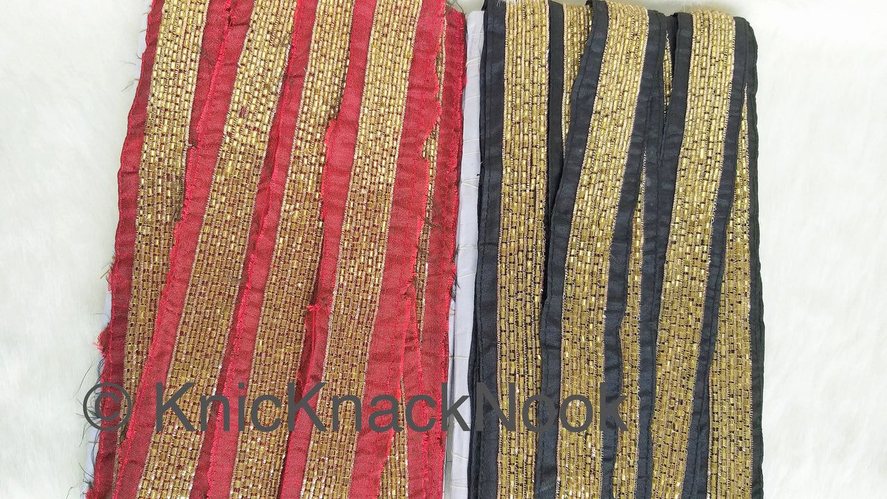 Black / Red Art Silk Fabric Trim With Gold Bugle Beads Embellishments And Gold Embroidery, Beaded Trim, , Approx. 36mmTrim