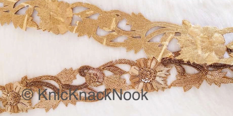 Cutwork Lace Trim Hand Embroidered In Brown & Gold Flowers Zardozi Embroidery, Gold Sequins and Gold Beads, Floral Trim