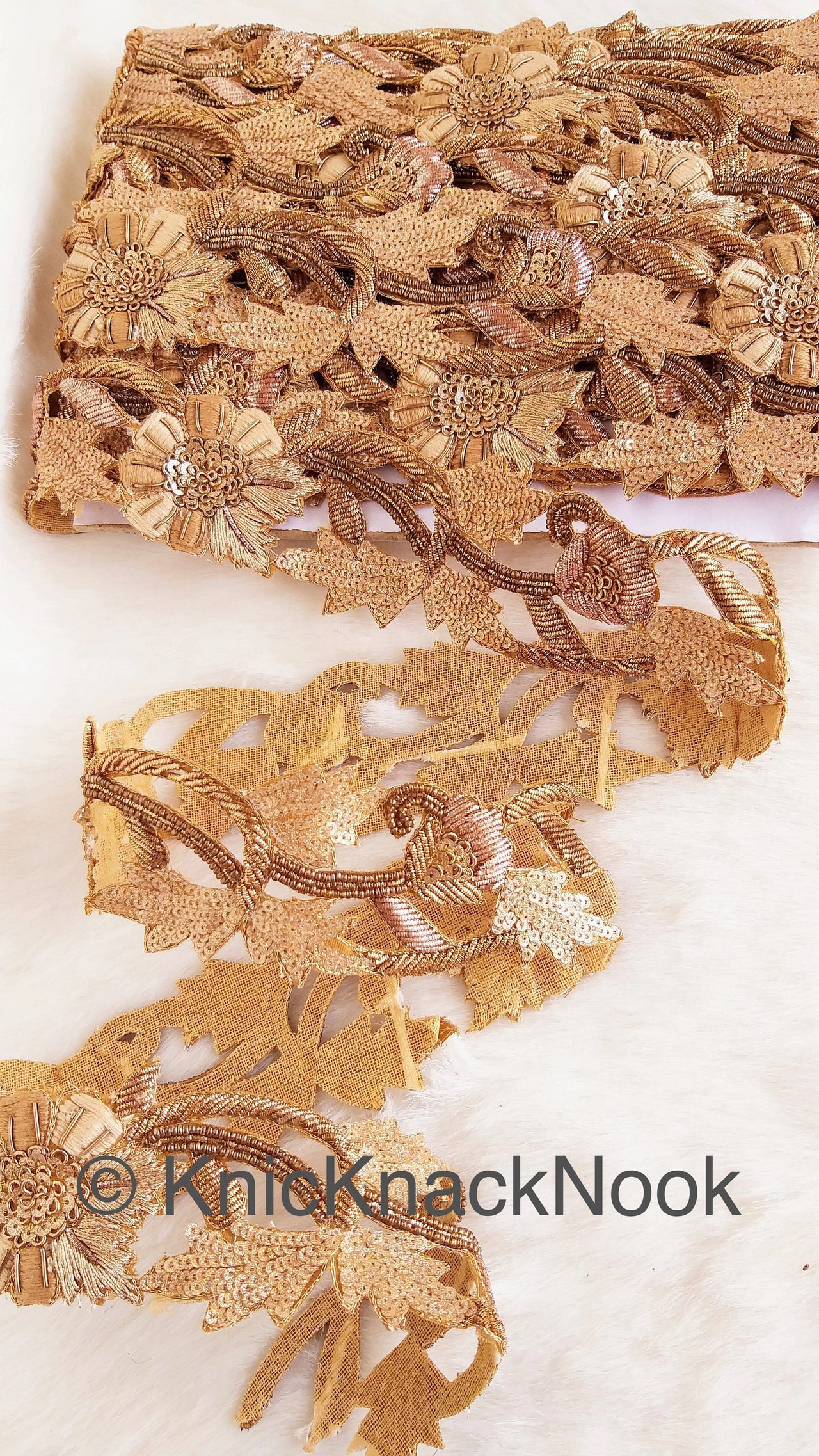 Cutwork Lace Trim Hand Embroidered In Brown & Gold Flowers Zardozi Embroidery, Gold Sequins and Gold Beads, Floral Trim