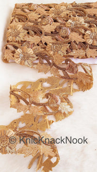Thumbnail for Cutwork Lace Trim Hand Embroidered In Brown & Gold Flowers Zardozi Embroidery, Gold Sequins and Gold Beads, Floral Trim