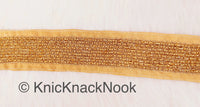 Thumbnail for Beige Art Silk Fabric Trim With Gold Bugle Beads Embellishments And Gold Embroidery, Beaded Trim, Approx. 45mm