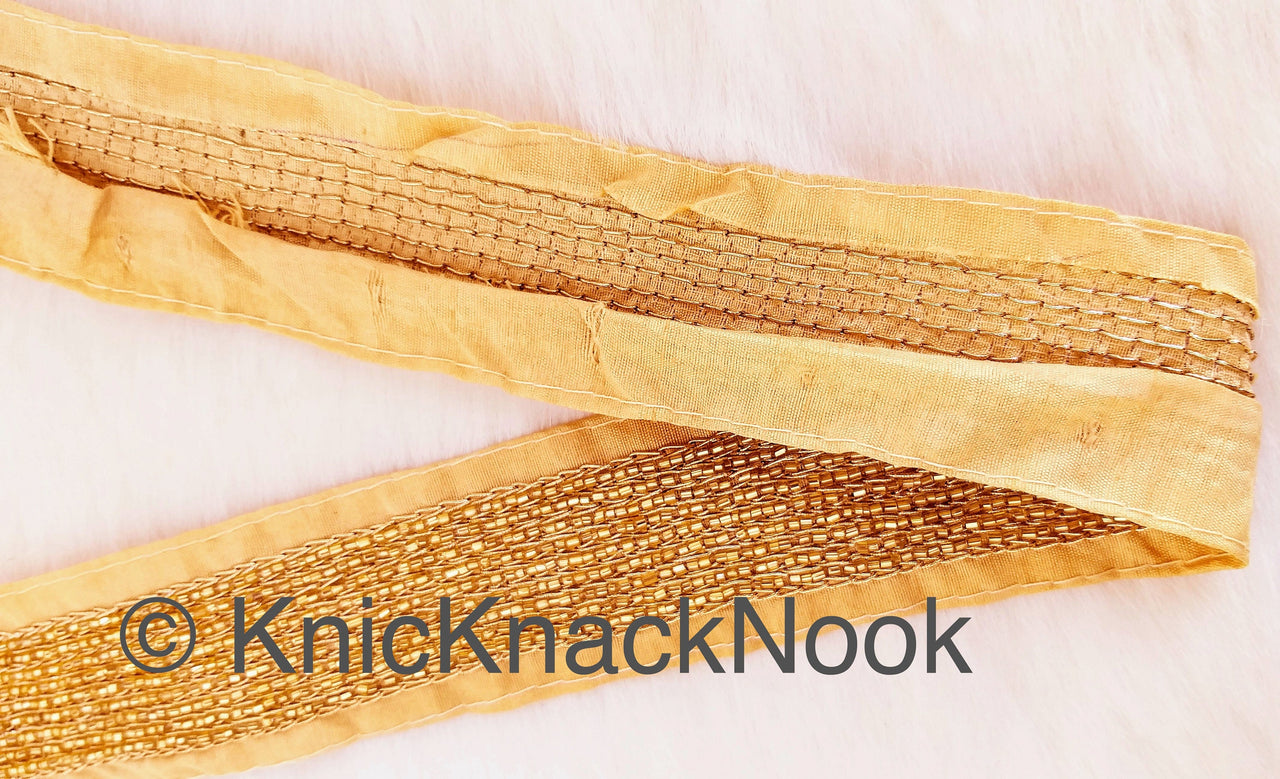 Beige Art Silk Fabric Trim With Gold Bugle Beads Embellishments And Gold Embroidery, Beaded Trim, Approx. 45mm