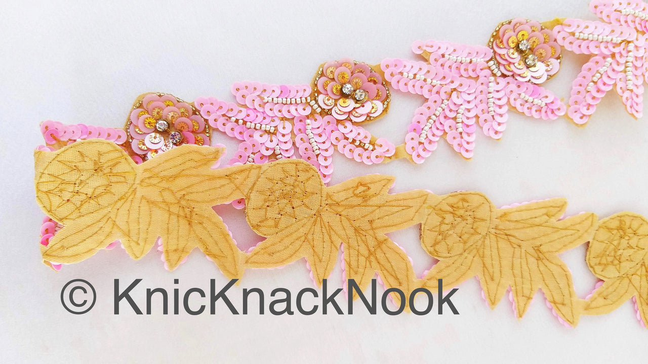 Pink And Gold Sequins Trim With Diamante Beads, Floral Trims, Trimming