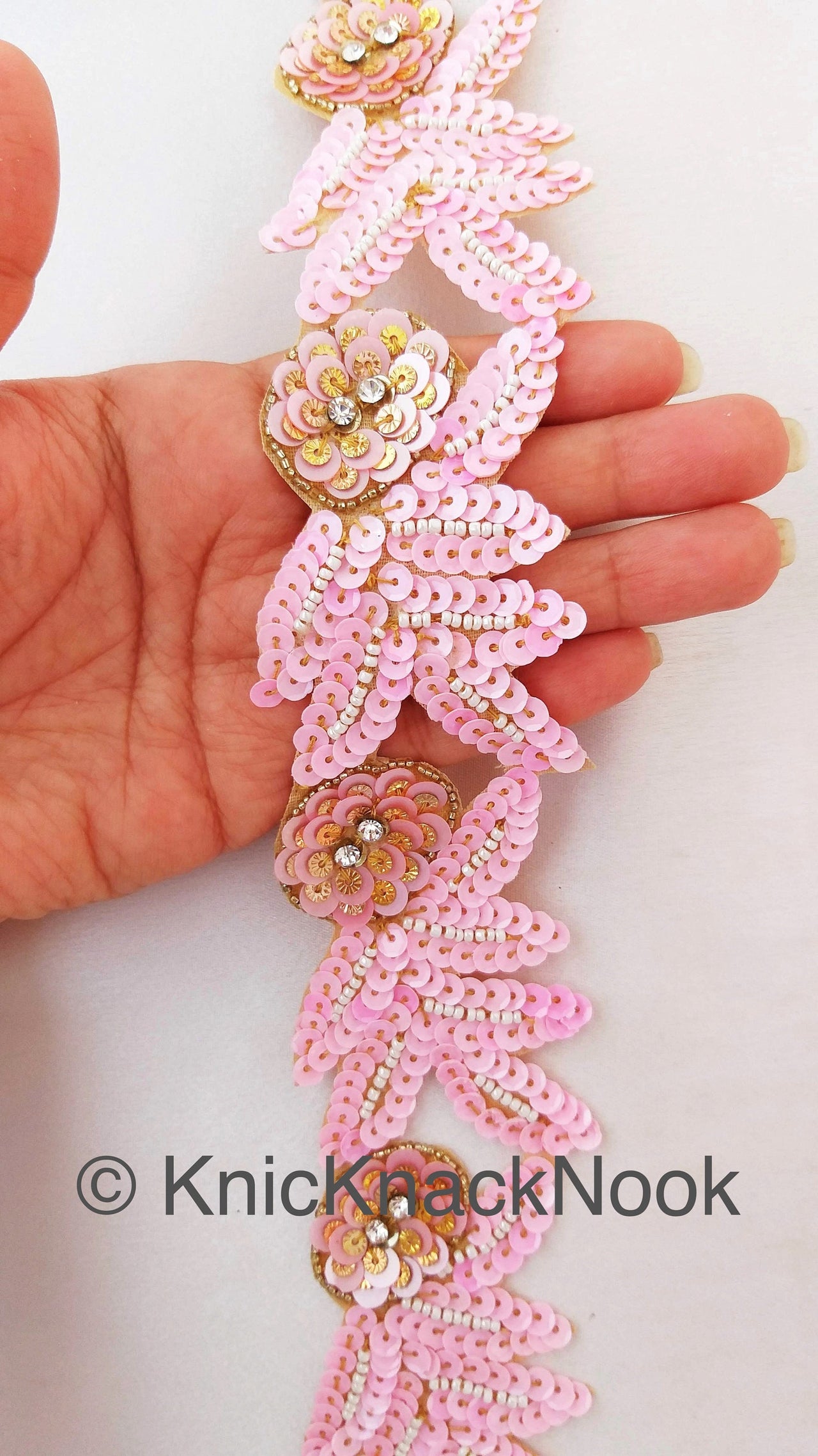 Pink And Gold Sequins Trim With Diamante Beads, Floral Trims, Trimming