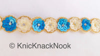 Thumbnail for Blue And White Sequins Trim With Diamante Beads And Gold Embroidery, Floral Trims, Trimming