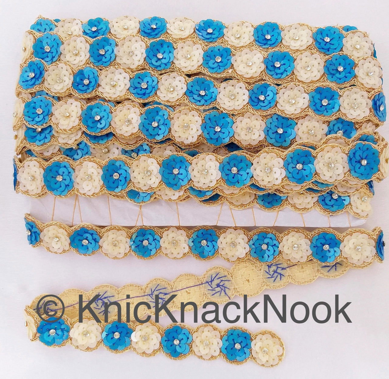 Blue And White Sequins Trim With Diamante Beads And Gold Embroidery, Floral Trims, Trimming