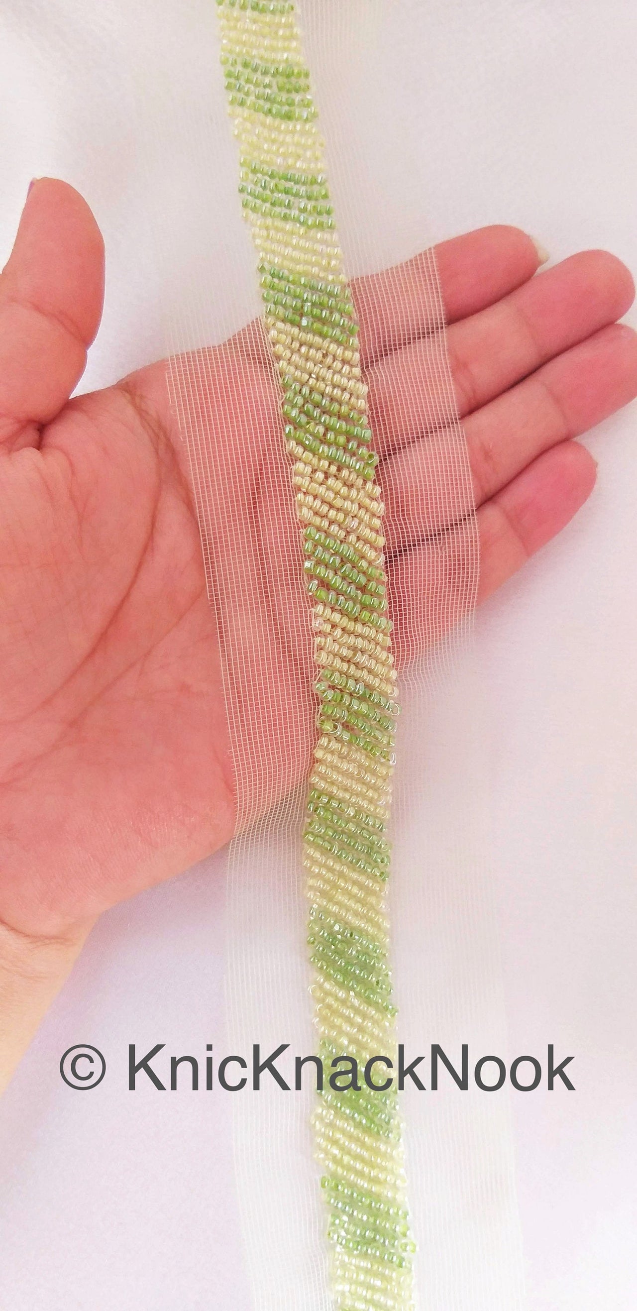 Decorative Green / Pink Beaded Net Lace Trim, Seed Beads, Beaded Trim