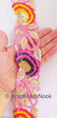 Thumbnail for Pink / Peach Indian Beaded Lace Trim, Handmade, Sequins Trim