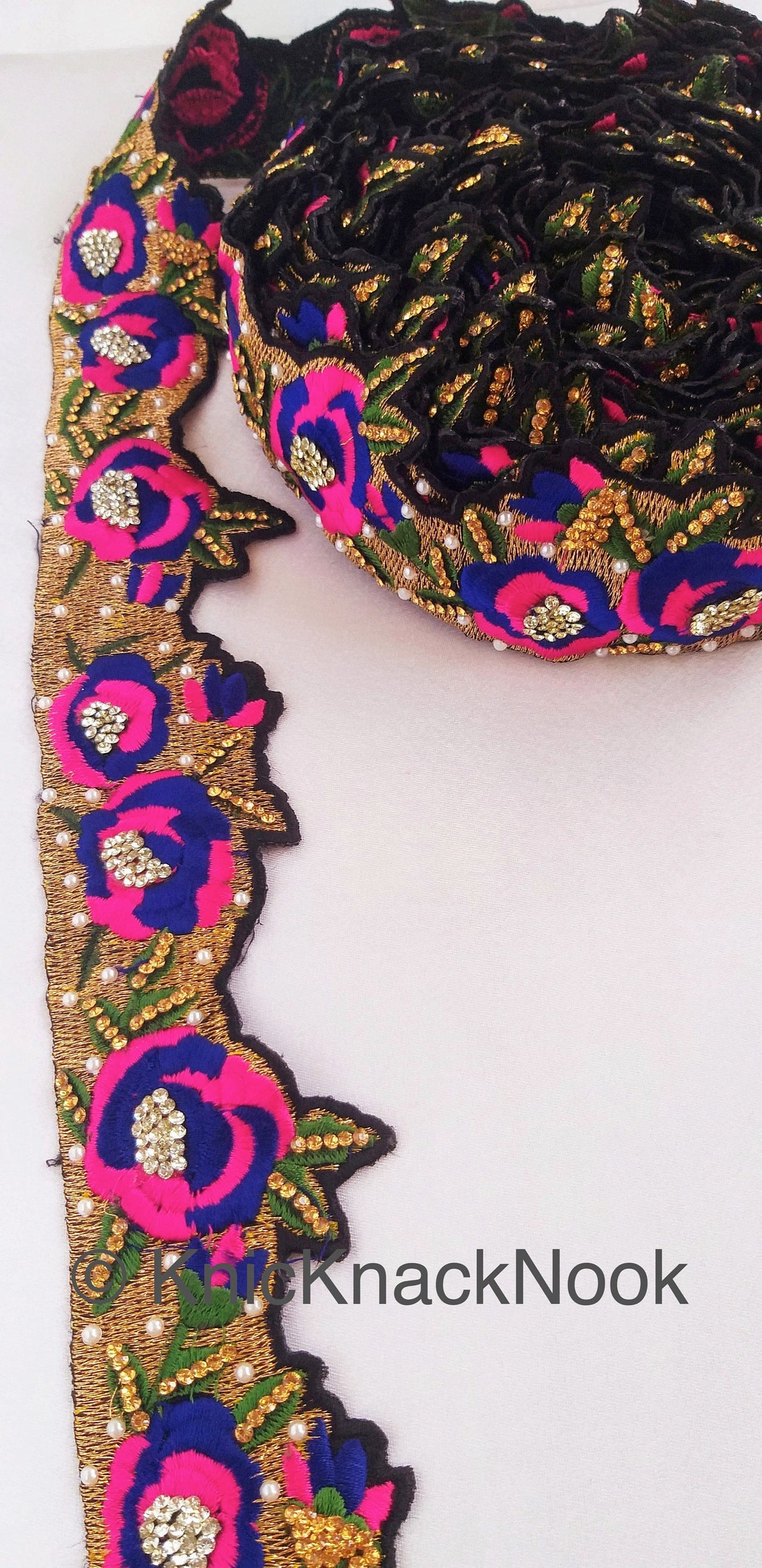 Floral Embroidered Fabric Trim In Gold, Black, Pink