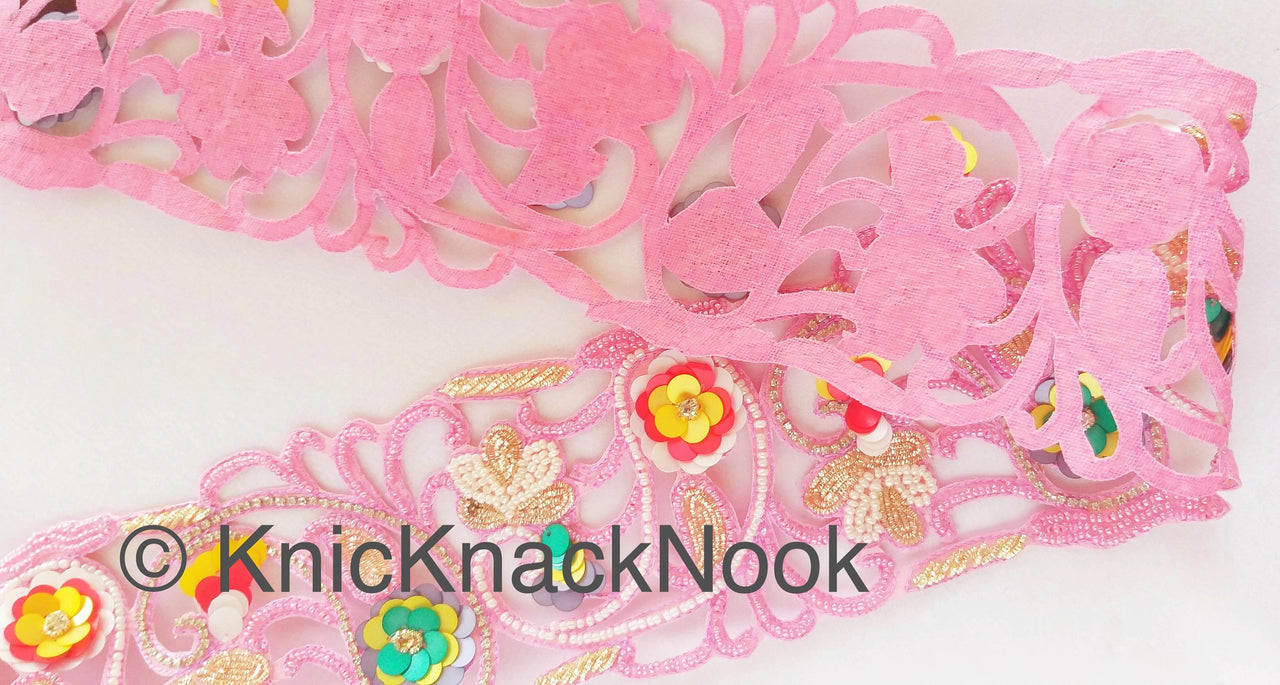 Pink Hand Embroidered Cutwork Beaded Trim, Multicolour Sequins Wedding Sash, Zardozi Sari Border Trim By Yard Decorative Exclusive Fashion