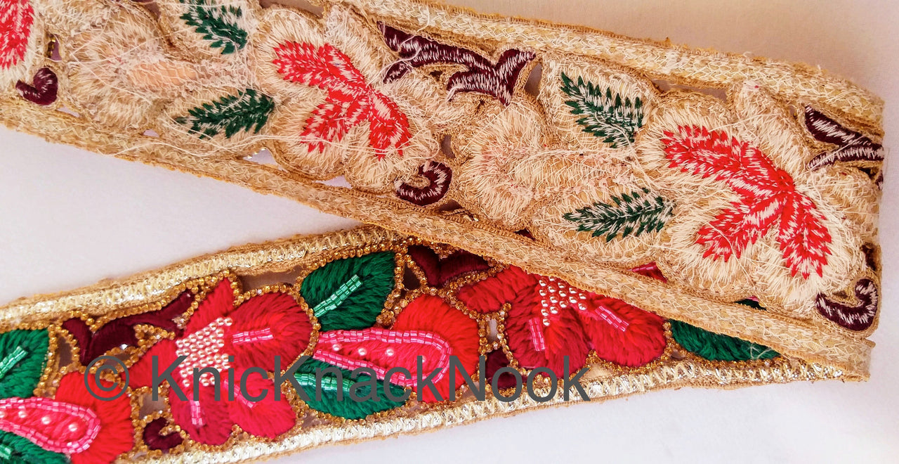 Red Hand Embroidered Cutwork Floral Trim Wedding Beaded Sash Bridal Belt Decorative, Indian Sari Border, Costume Trim