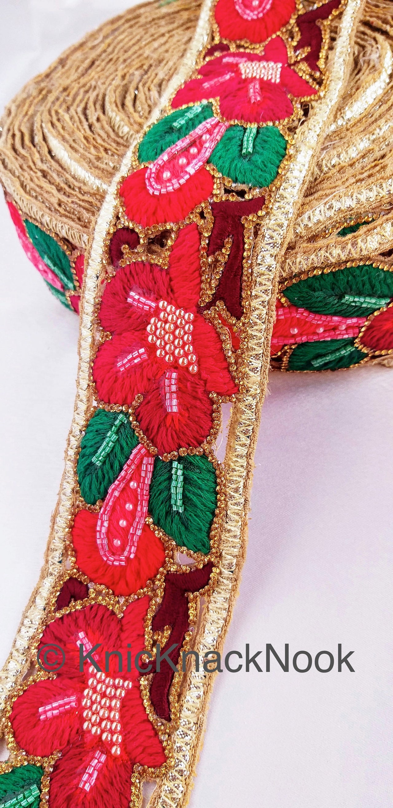 Wholesale Red, Green and Gold Hand Embroidered Cutwork Floral Trim In Seed Beads, Bugle Beads & Crystal Wedding Sari Bridal Decorative