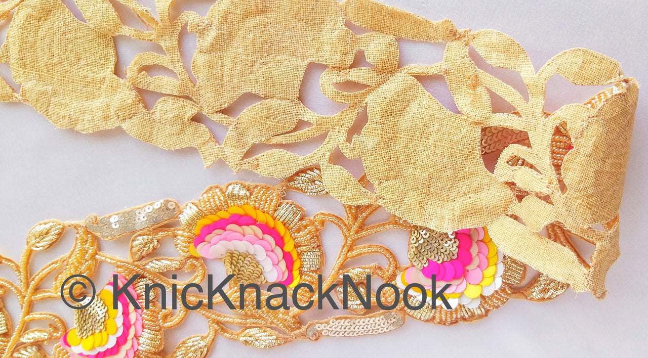 Exclusive Gold Hand Embroidered Cutwork Lace Trim, Floral Embroidery Beaded Trim, Sequins Trim