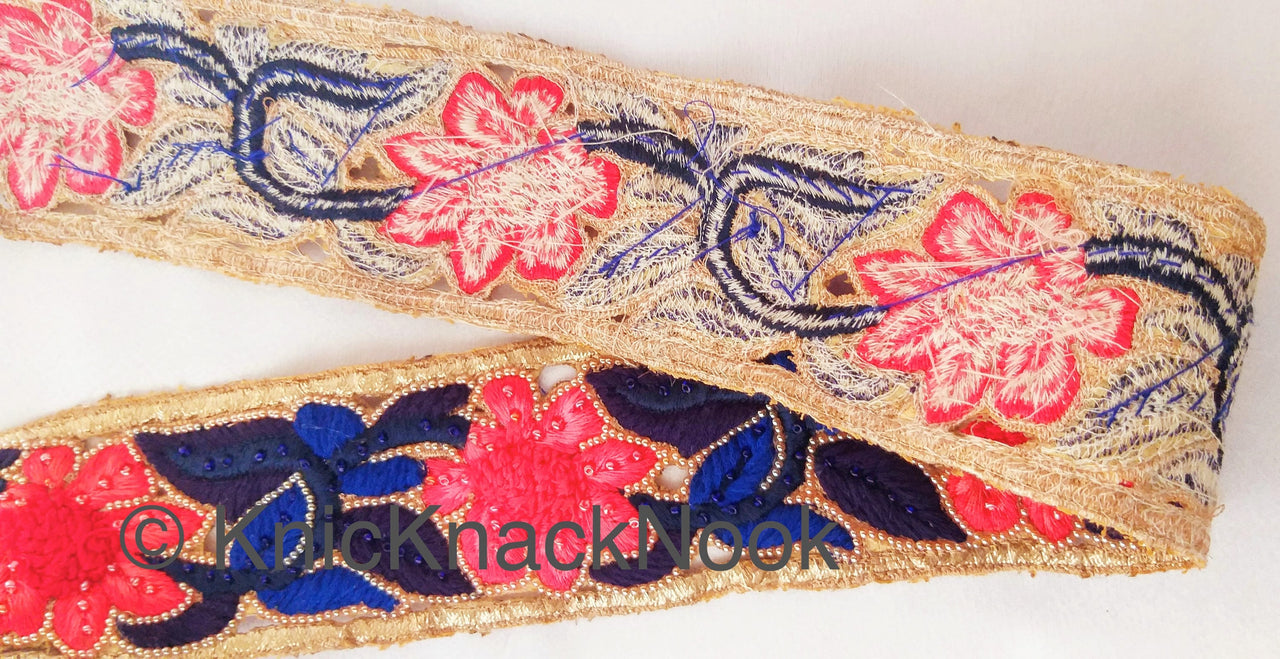 Blue And Gold Hand Embroidered Cutwork Lace Trim, Floral Embroidery Beaded, Wedding  Trim
