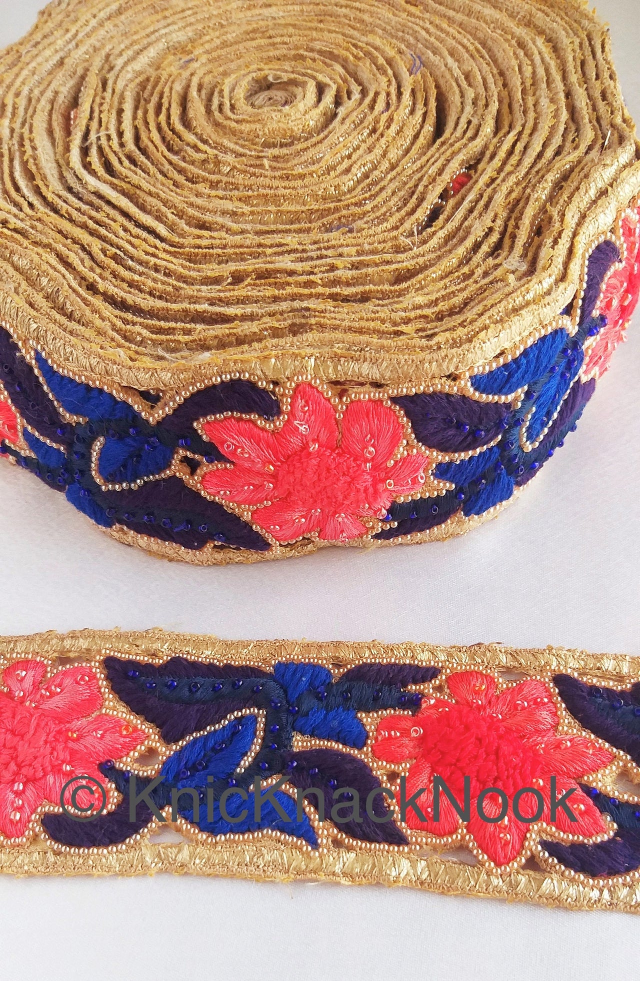 Blue And Gold Hand Embroidered Cutwork Lace Trim, Floral Embroidery Beaded, Wedding  Trim