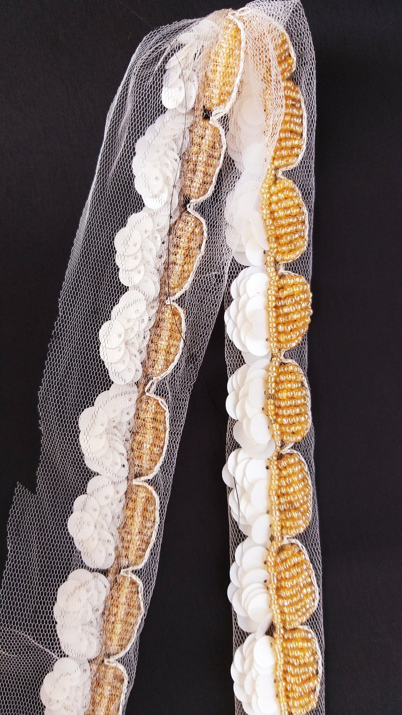 White Net Lace With Off White Sequins and Gold Beads, Scallop Trim, Exclusive Laces