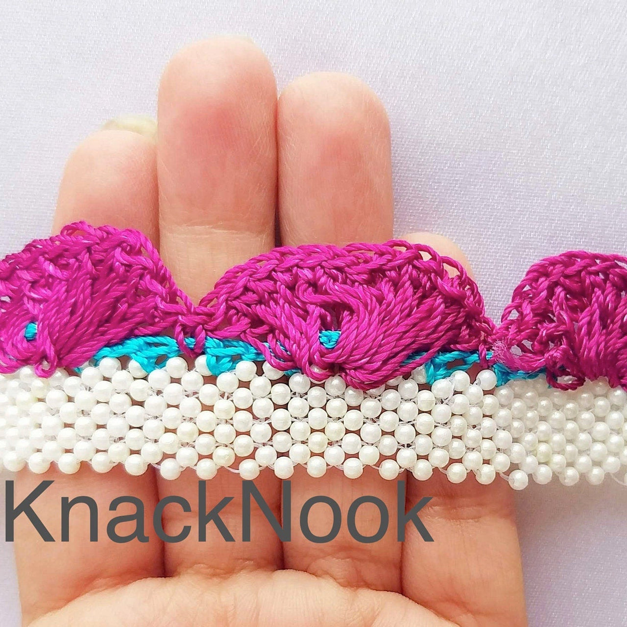 Fuchsia Pink / Black Crochet Trim With Off White Pearls, Scallop Trimming, Approx. 30mm wide
