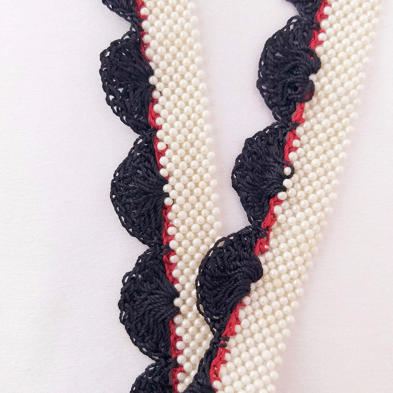 Fuchsia Pink / Black Crochet Trim With Off White Pearls, Scallop Trimming, Approx. 30mm wide