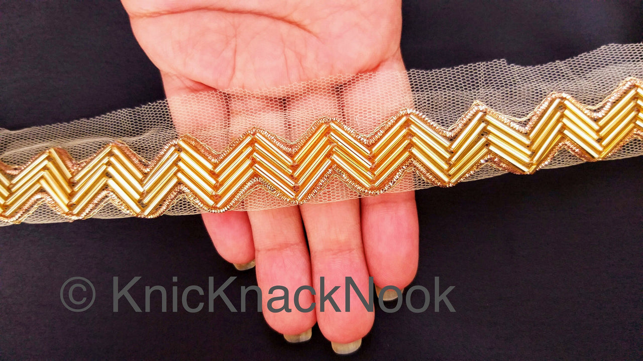 Beige Net Fabric Lace Trim With Gold Bugle Tube Beads And Gold Zardozi Embroidery, Beaded Trim, Approx. 24mm Wide