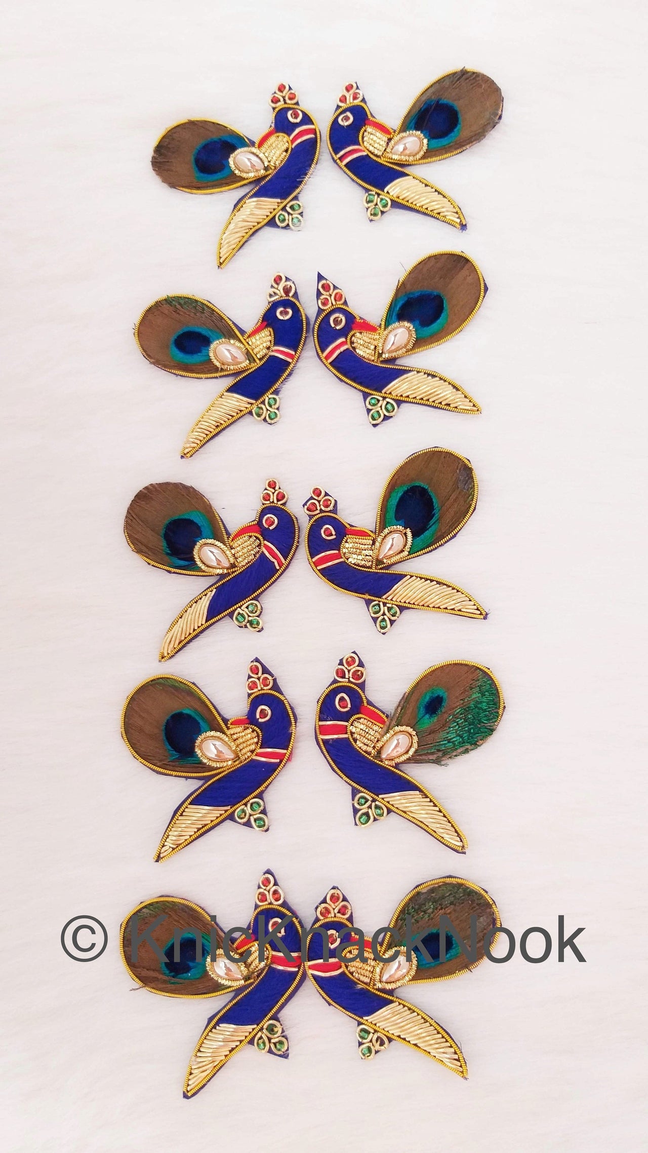 Hand Embroidered Peacock Applique In Blue, Red and Gold Embroidery With Peacock Feather And Gold Bead, Zardozi Work